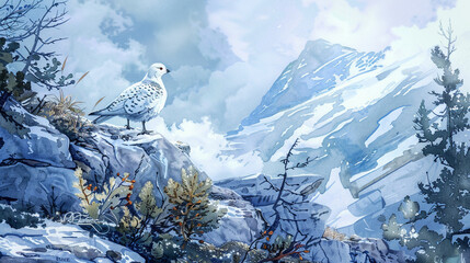 Watercolor painting of a camouflaged ptarmigan perched on a rocky outcrop, with a backdrop of a majestic snowy mountain.