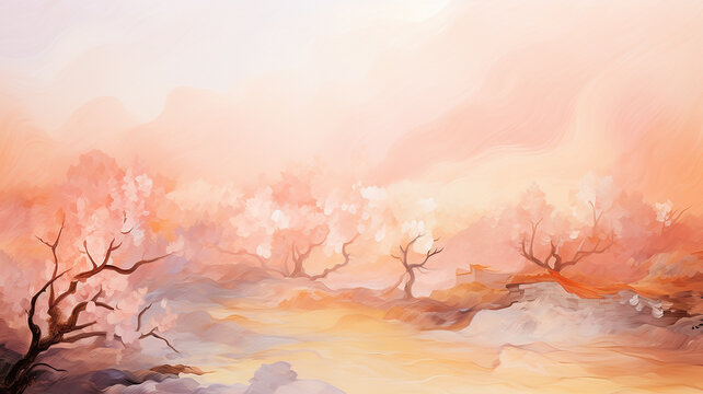 Landscape watercolor peach background with copy space