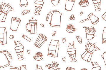 Seamless pattern of coffee time doodle. Teapots, cups, turk and sweets in doodle style. Vector 