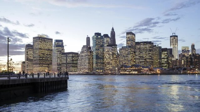 New York City lower Manhattan skyline cityscape at twilight, Time lapse