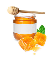Sweet honey in glass jar with blank label, wooden honey dipper and pieces of honeycomb on white background. Mockup for design