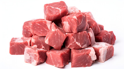 Pile of beef cubes isolated on white.
