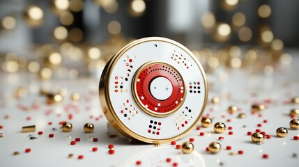 Futuristic 3d tech style design with rotating circles in gold, white, and red geometric background - obrazy, fototapety, plakaty