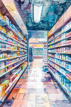 Colorful watercolor painting depicting the vibrant and detailed interior of a modern pharmacy with shelves stocked with products.