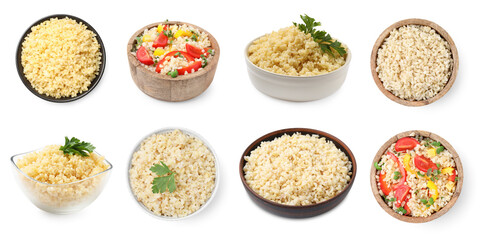 Delicious bulgur in bowls isolated on white, set