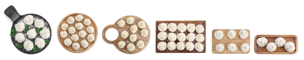 Set of uncooked khinkalis (dumplings) isolated on white, top view
