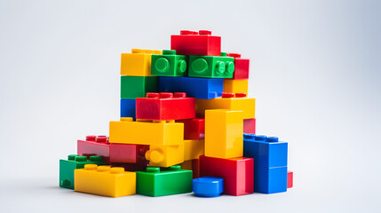 Color plastic building blocks on blue background
