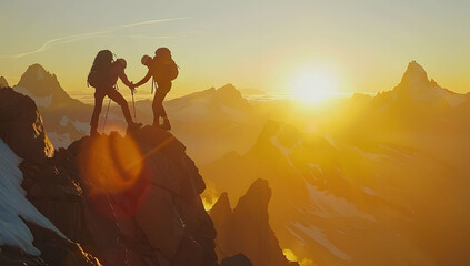 A photo of two hikers helping each other reach the top, with breathtaking mountain scenery in front of and behind them during sunrise. Concept of teamwork and collaboration in outdoor adventure.  - obrazy, fototapety, plakaty