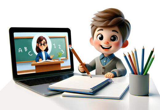 cute little boy sitting at a desk with a laptop computer that displays a cartoon image of a teacher