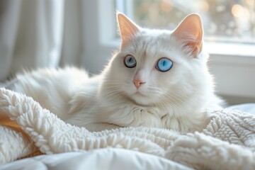 Obraz na płótnie Canvas A small to mediumsized white cat with blue eyes is comfortably laying on a bed