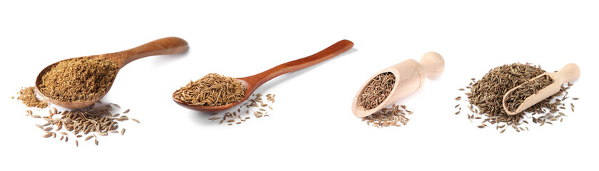 Aromatic caraway (Persian cumin) seeds and powder isolated on white, set