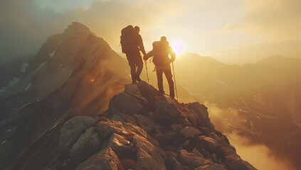 A photo of two hikers helping each other reach the top, with breathtaking mountain scenery in front of and behind them during sunrise. Concept of teamwork and collaboration in outdoor adventure.  - obrazy, fototapety, plakaty