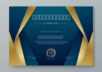 Blue and gold certificate modern elegant and luxury template with shapes. For appreciation, achievement, awards diploma, corporate, and education