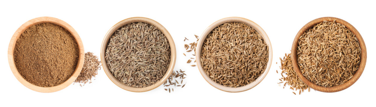 Aromatic caraway (Persian cumin) seeds and powder in bowls isolated on white, top view