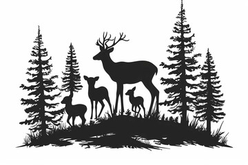 Black silhouette of deer family with baby and forest fir trees wildlife adventure hunting camping landscape panorama illustration icon vector for logo, isolated on white background