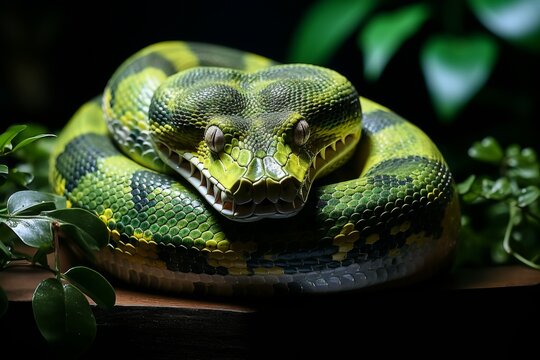 A lithe green tree python draped over the sturdy branch of a towering tree, its emerald scales blending seamlessly with the verdant foliage