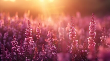 Purple heather flowers blooming outdoors on a sunny spring day - obrazy, fototapety, plakaty