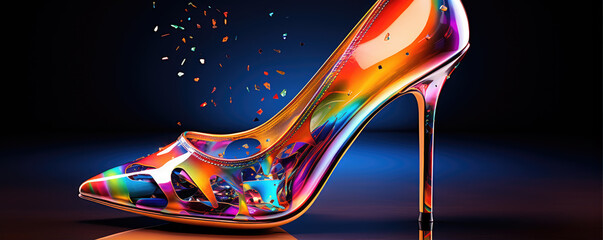 Colored ladies shoes on dark background. - obrazy, fototapety, plakaty