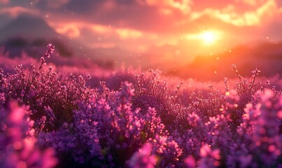 Purple heather flowers blooming outdoors on a sunny spring day - obrazy, fototapety, plakaty