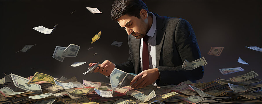 Success and fortune theme. Man couting money or paper dollar at his office.