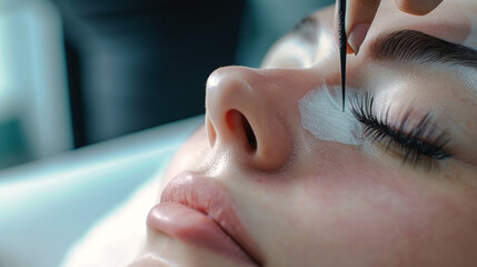 A close-up of a person undergoing cosmetic treatments, receiving eyelash extensions and makeup application in a beauty salon