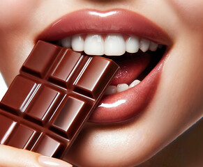 Woman with a beautiful smile feels the pleasure of eating chocolate.