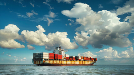 A large cargo ship floating on a body of water while transporting containers