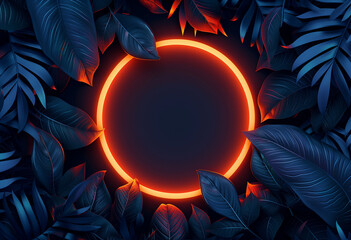 Tropical Neon Circular Light: Vibrant Orange and Red with Exotic Leaves