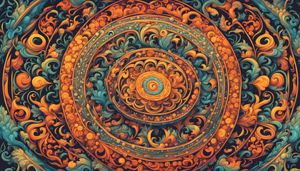 A mesmerizing mandala artwork intricately designed with vibrant hues and swirling patterns that evoke a sense of harmony and cosmic balance