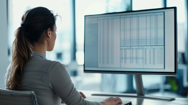 Focused Businesswoman Analyzing Data on Computer: A Professional Workplace Illustration.