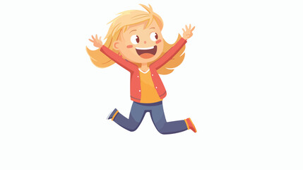 Cute blonde girl smiling. Happy jumping kid.
