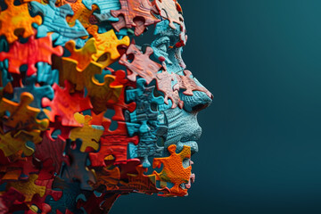 A human head shape assembled using interconnected puzzle pieces, symbolizing complexity and interconnectedness of the mind