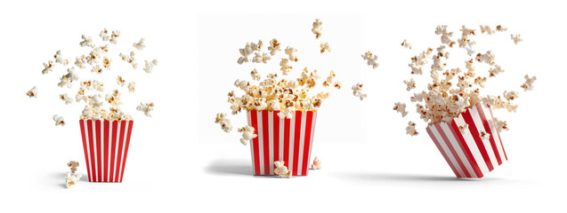 Set of popcorn flying out of red white striped paper box on transparency background PNG
