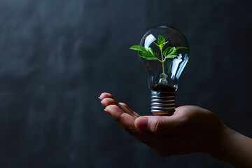 A hand holds a light bulb with a green plant inside on a dark background. Representing the concepts of sustainable energy, natural power grids, and environmental protection. Copy space.