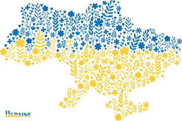 map of Ukraine in yellow-blue colors from flowers and twigs vector drawing