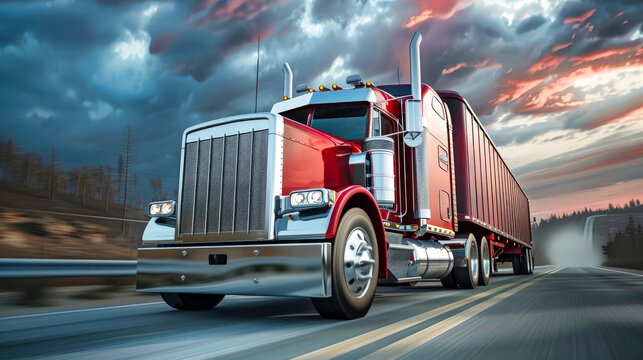 A red semi truck with a cargo semi-trailer drives along a road under a cloudy sky