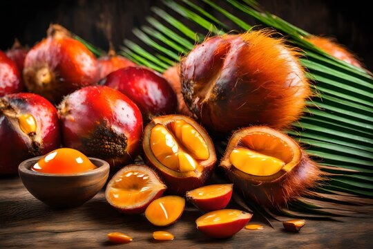 Close up of fresh oil palm fruits Palm oil a well balanced healthy edible oil is now an important energy source for mankind It comes from the fruit itself reddish orange.