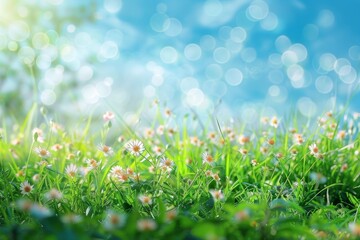 Beautiful blurred background green grass under blue skies, Generative AI