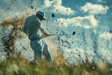 Golfer striking the ball, with an explosive spray of dirt and grass, highlighting the dramatic action and focus required in golf.