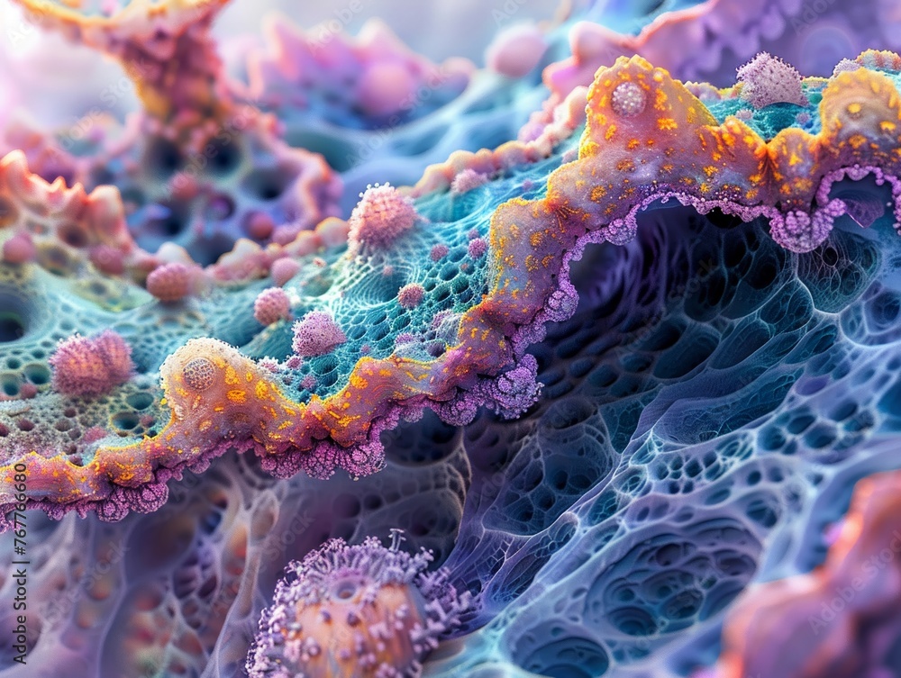 Fototapete a vivid and intricate digital rendering of a microscopic landscape, resembling organic structures wi