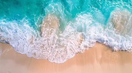 Photo sur Plexiglas Coucher de soleil sur la plage Summer seascape beautiful waves, blue sea water in sunny day. Top view from drone. Sea aerial view, amazing tropical nature background. Beautiful bright sea waves splashing and beach sand sunset light