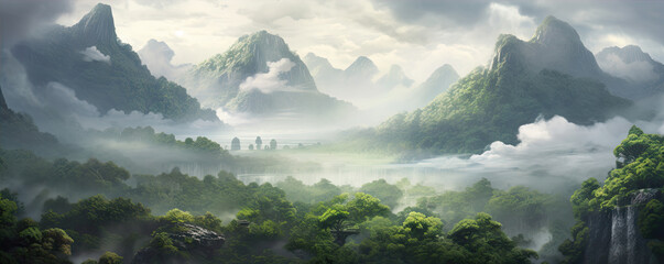 Jungle forest foggy morning land scenery. Fogg rising clouds above green forest - obrazy, fototapety, plakaty