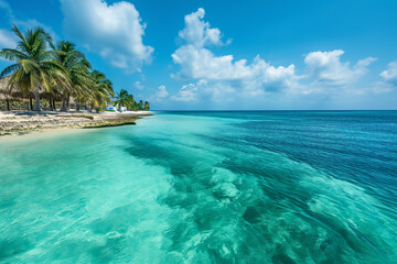 Fototapeta premium Picturesque travel destination with crystal-clear turquoise waters, golden sandy beaches, and palm trees swaying in the breeze.