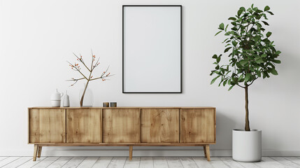 A blank poster frame mock-up hangs on a white living room wall next to a wooden sideboard with a small green plant.