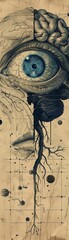 An intricate artwork displaying an eye with a tree growing from it, superimposed on vintage parchment with map-like details.
