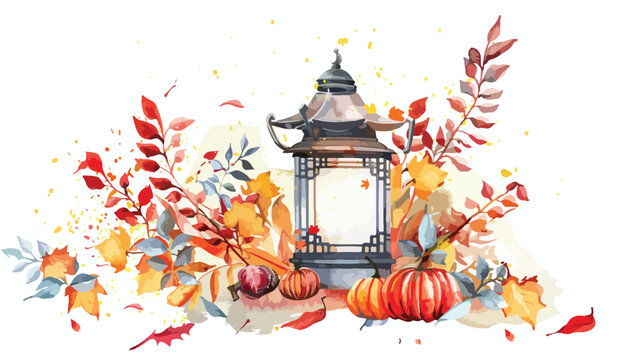 Hand painted watercolor ancient lantern with autumn e