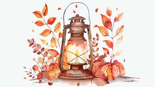 Hand painted watercolor ancient lantern with autumn e