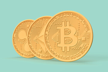 Minimalistic illustration cryptocurrency coins on teal background. 3D illustration