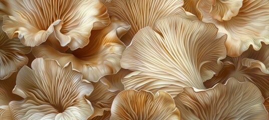 abstract background of mushroom gills. Mushroom texture background. Abstract wallpaper design with close up of oyster mushroom pattern. Delicate natural print for wall art - obrazy, fototapety, plakaty