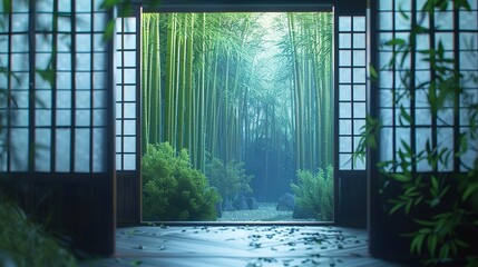 An ancient Japanese tea house nestled amidst a tranquil bamboo grove, its sliding paper doors...